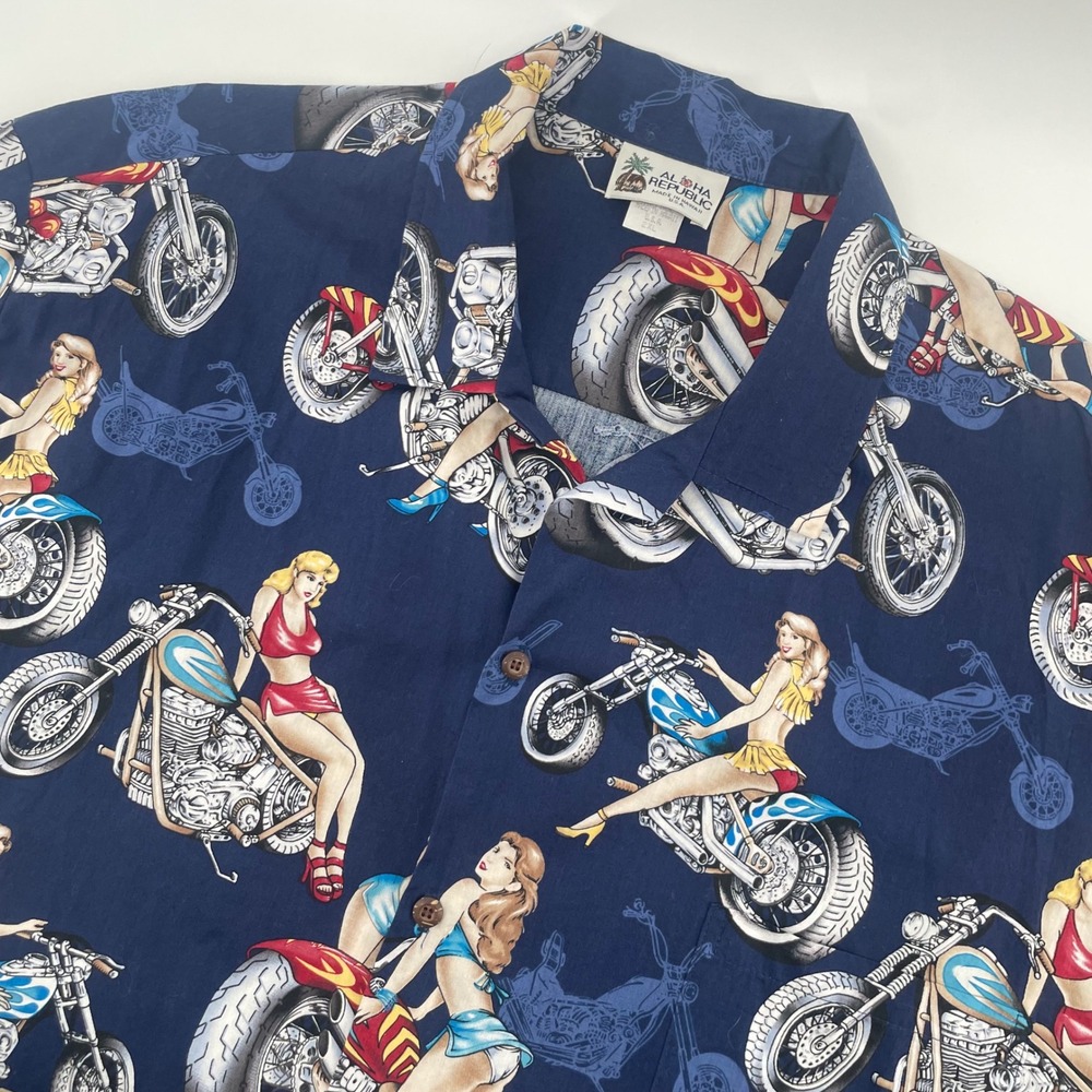 Aloha Republic Button Down Men 2XL Navy Pinup Girl Motorcycle Hawaii Shirt